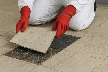 Person mit Schutzanzug entfernt eine Bodenplatte
