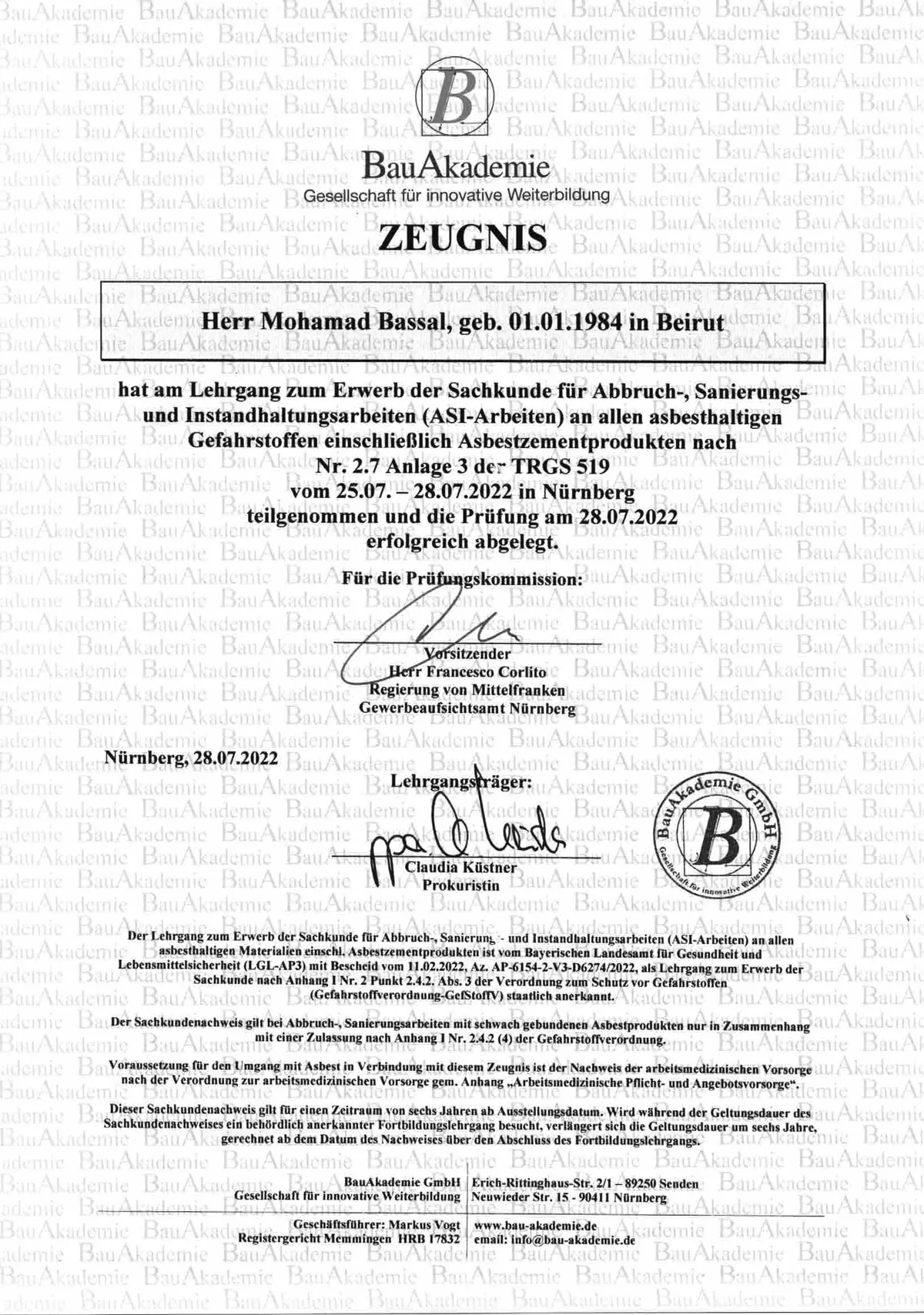 Zeugnis über den Lehrgang zum Erwerb der Sachkunde für Abbruch-, Sanierungs- und Instandhaltungsarbeiten (TRGS 519, Anlage 3)