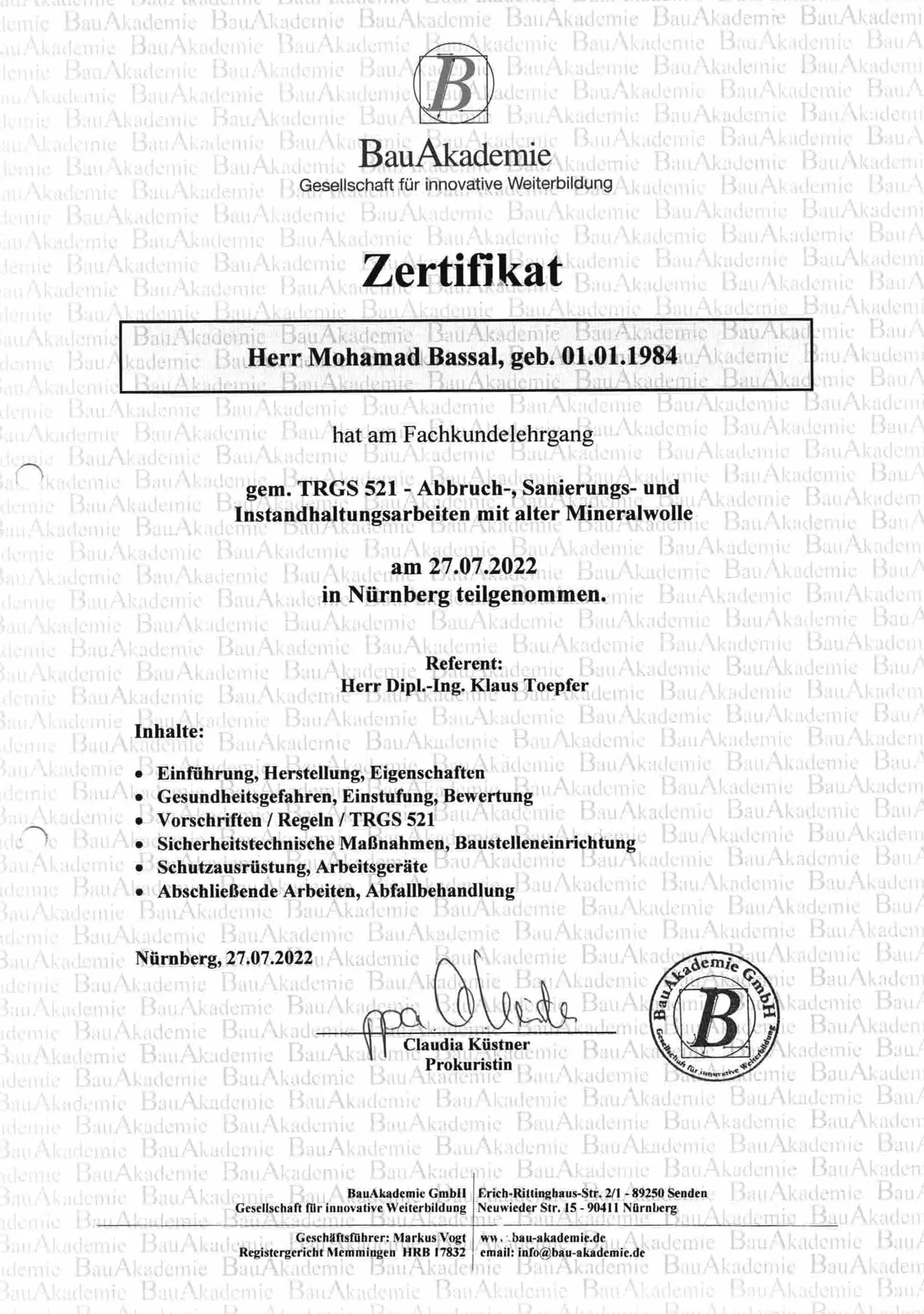 Zertifikat Fachkundelehrgang nach TRGS 521 — Arbeiten mit alter Mineralwolle